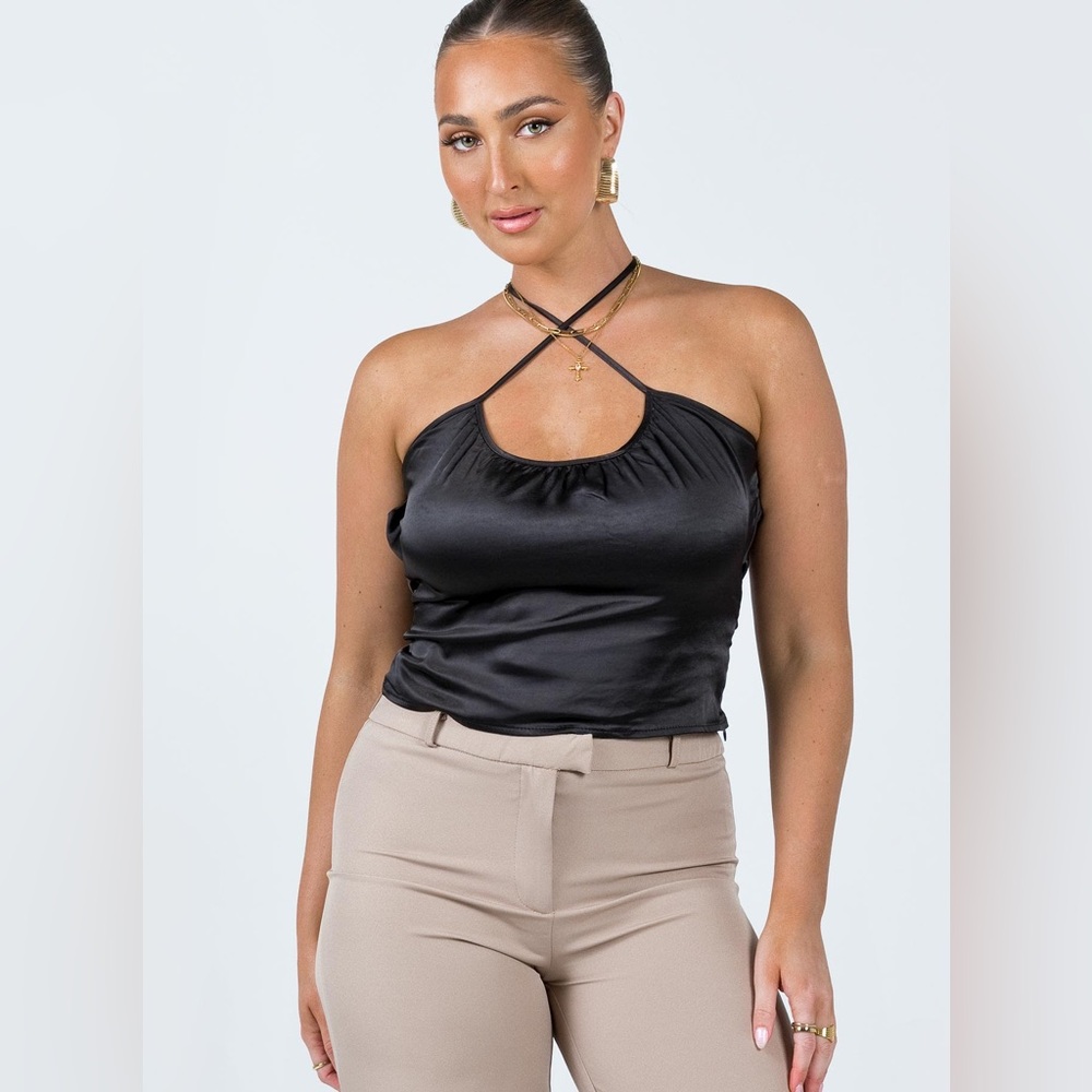 Princess Polly ‘90s Could Never Black Satin Halter Cami Top